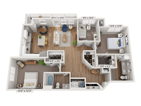 Floor plan for 3 beds, 2 baths, 1330 sqft